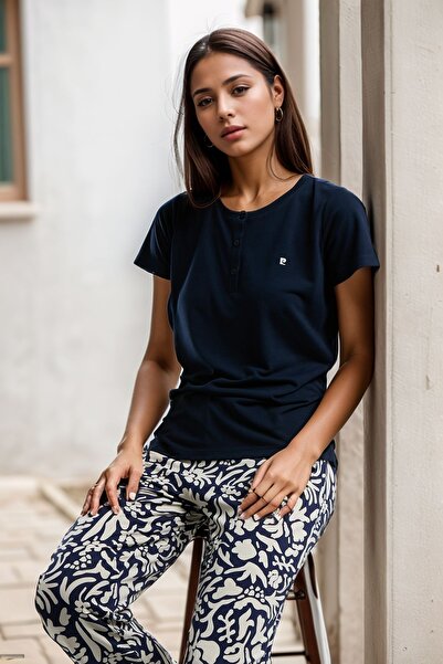 Pierre Cardin Kadın Ev Giyim Kısa Kollu Lacivert 2'li Pijama Takımı LL.PC01.K1.D006