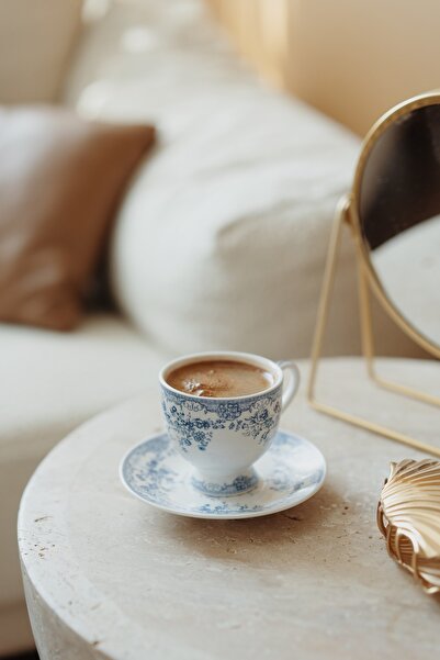 Dekorzdükkan İkili Vintage Desenli Porselen Kahve Fincan Seti ( Mavi )