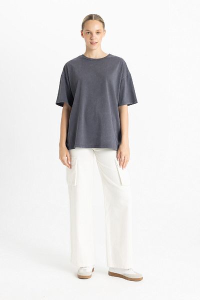 DeFacto Crew Neck Washed Oversize T-Shirt Σετ 2 τεμαχίων - Κοντό μανίκι D2378axns