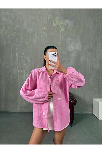 Lusin Γυναικείο πουκάμισο με μανίκια από μπαλόνι από ύφασμα μουσελίνας υψηλής ποιότητας με ροζ καρδιά