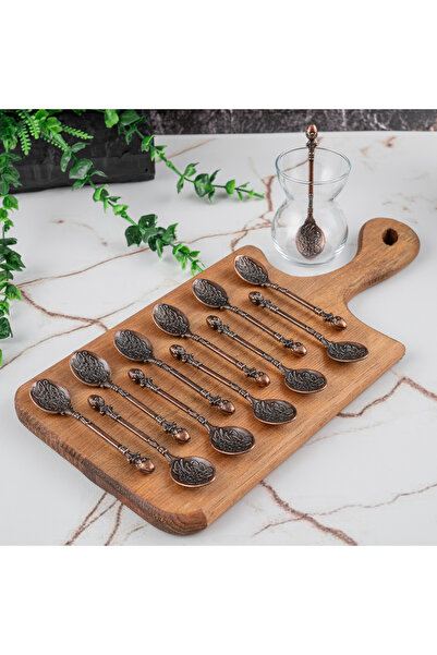 DMT COPPER HOME Gaziantep Rose Motif Teaspoon Set of 12 Copper Color Zamak with Bun Head