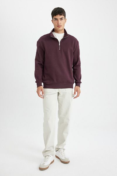 DeFacto Σκούρο Claret Red Relaxed Fit Stand γιακά με φερμουάρ Χοντρό φούτερ X7405az24au