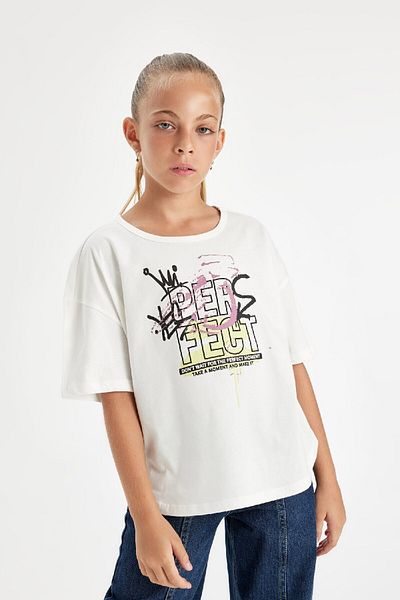 DeFacto Dívčí oversize Wide Fit tričko s krátkým rukávem a výstřihem na zádech D0315A824Au