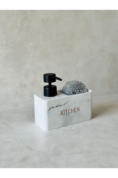 Dekorzdükkan Marble Patterned Polyresin Soap Dispenser and Sponge (Kıtchen Printed)