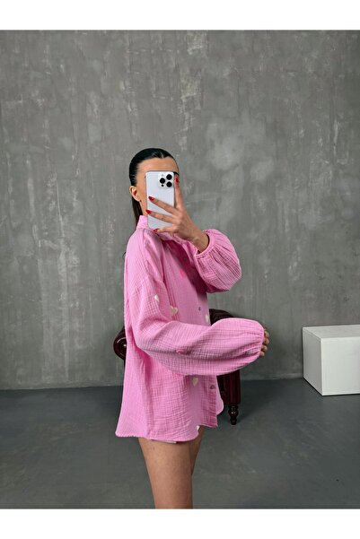 Lusin Γυναικείο πουκάμισο με μανίκια από μπαλόνι από ύφασμα μουσελίνας υψηλής ποιότητας με ροζ καρδιά