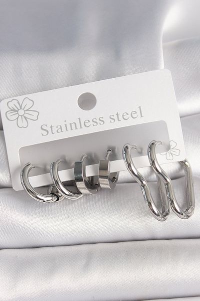 Mu Art Ahşap 316L Steel Silver Color Heart Hoop Model Women Earrings Set