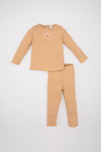 DeFacto Floral Print Ribbed Long Sleeve T-Shirt and Elastic Waist Bottom for Baby Girl - Y1122A224Au