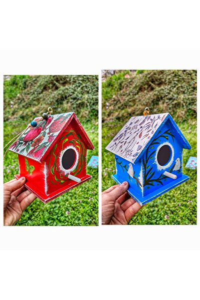 Home 2 قطعة عش طيور خشبي كبير، ديكورات يدوية ملونة، بيت الطيور