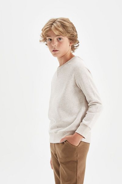DeFacto Boy's Beige Crew Neck Basic Απλό Σχολικό Φούτερ C7566a824au