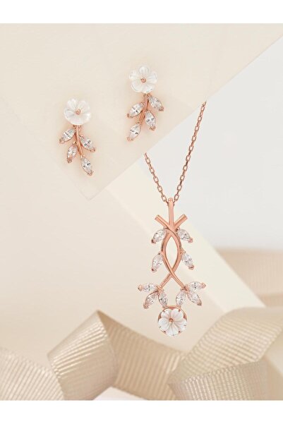 Siset Gümüş 935 Ayar Rose Kaplama Manolya Çiçekli Yaprak Madel İkili Gümüş Set