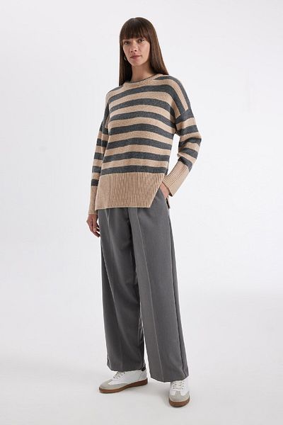DeFacto Pulover de tricotaj supradimensionat cu dungi cu fante cu decolteu - C9054ax24wn