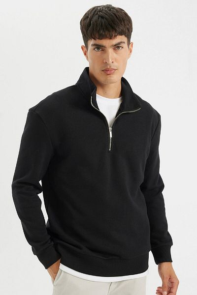 DeFacto Μαύρο Comfort Regular Fit Comfortable Fit Stand γιακά με φερμουάρ Χοντρό Basic απλό φούτερ 25k801t01292