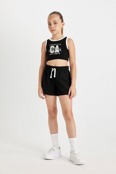 DeFacto Girls' 2-Piece Set Ribbed Camisole Crew Neck Printed Sleeveless T-Shirt Shorts D0073A824Hs