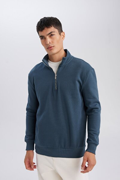 DeFacto Comfort Regular Fit Rahat Kalıp Fermuarlı Dik Yaka Basic Düz Sweatshirt X7405az24au