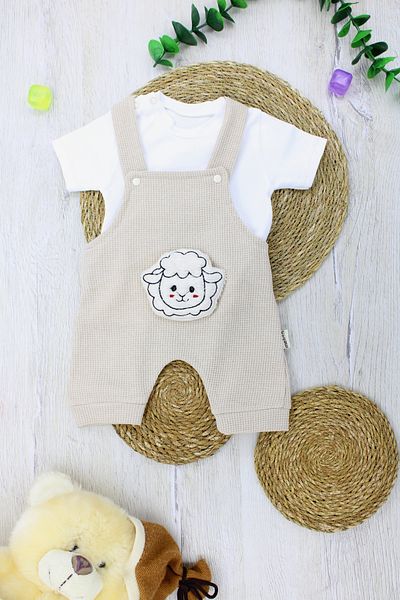 EYMİRGİYİM Lamb Figured Short Salopet Suit for Girls and Boys 0-3 Months, 3-6 Months, 6-9 Months