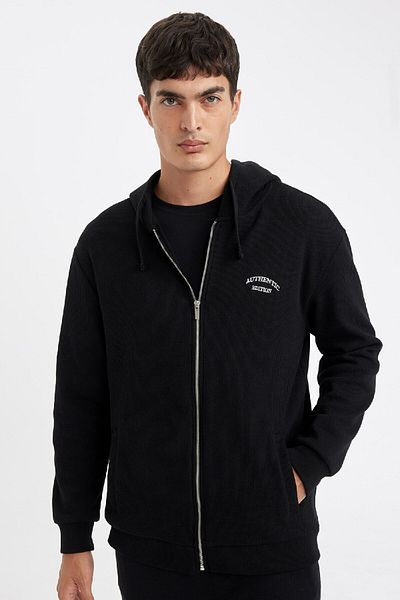 DeFacto Φούτερ Relax Fit Hooded Waffle Printed Φούτερ - Τσέπες και φερμουάρ D2629ax24au