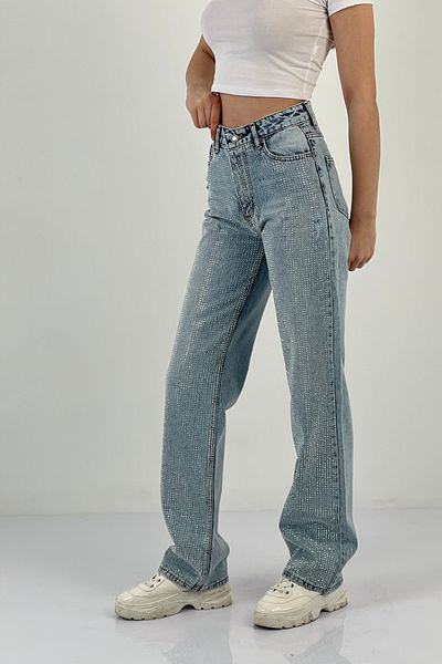 Miss Poem Blugi de damă cu strasuri, cu picioare largi, pantaloni largi, albastru de gheață
