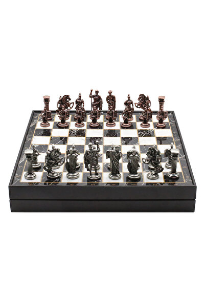 Cooper Chess 36cm Mermer Desenli Ahşap Kutulu | Bronz Metal Antik Roma Satran...