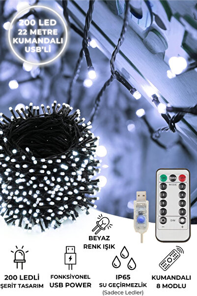 Technojet 200 Ledli Usbli Kumandalı 8 Modlu Şerit Led Işık Parti Süsleme Organizasyon Beyaz Işık