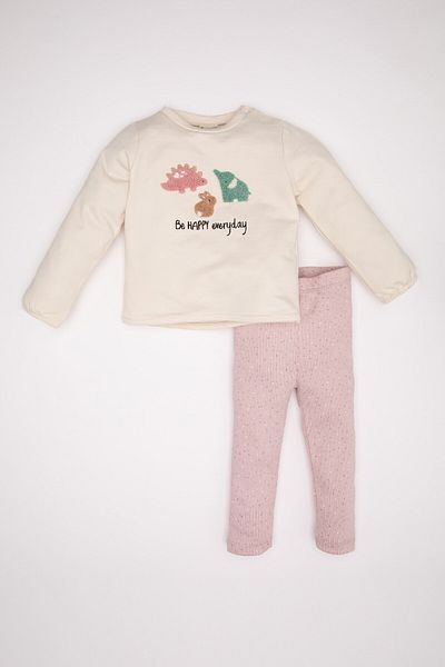 DeFacto Baby Girl 2-Piece Set Crew Neck Printed Long Sleeve T-Shirt Elastic Waist Long Leggings D2698A524Au