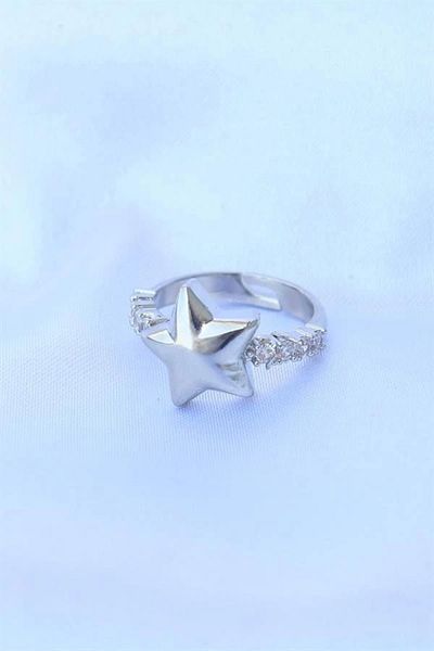 Clariss Brass Silver Color Adjustable Zircon Stone Star Ring