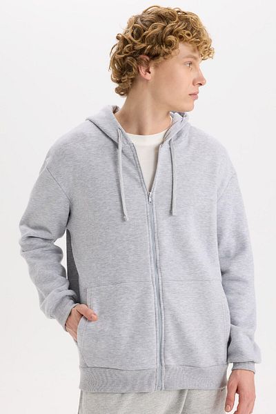 DeFacto Men's Gray Regular Fit Hooded Soft Furry Zippered Thick Cotton Sweatshirt Cardigan