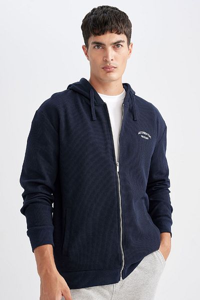 DeFacto Navy Blue Relax Fit Hooded Waffle Printed Zippered Sweatshirt with Pockets D2629Ax24Au
