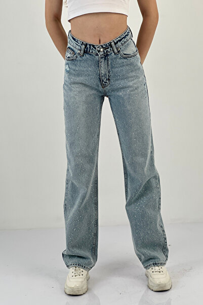 Miss Poem Dámské pytlovité široké džíny s kamínky ledově modré džínové kalhoty