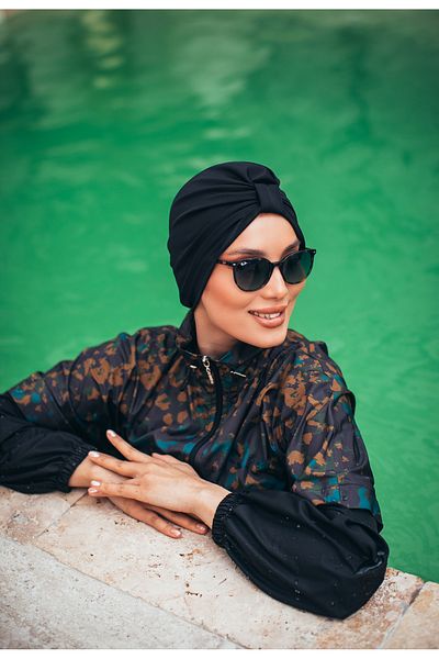 MASSMİZO Wild Aura Women's Short Patterned Zippered Full Covered Hijab Swimsuit Set of 3
