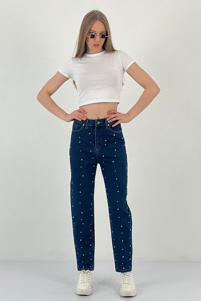 Miss Poem Blugi de damă Basic Mom Fit Stone Blue Denim Pantaloni