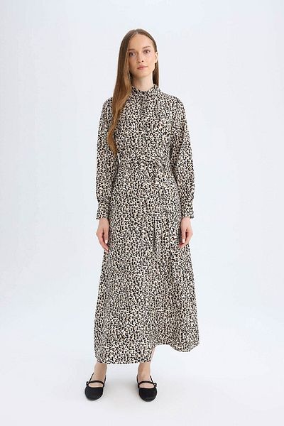 DeFacto Langärmliges Maxikleid mit Hemdkragen und Leopardenmuster und Knopfgürtel D2611ax24au