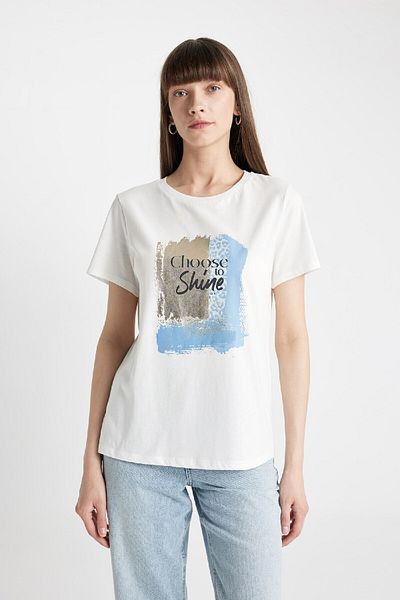 DeFacto Crew Neck Printed Regular Fit Combed Cotton T-Shirt - D1925ax24sm