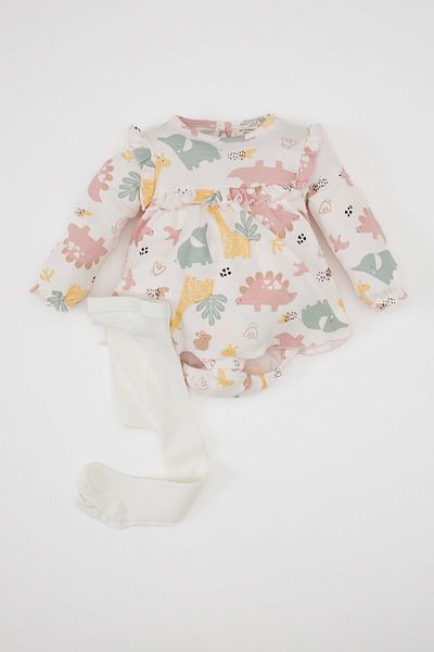DeFacto Baby Girl Newborn 2-Piece Set Buttoned Safari Printed Long Sleeve Jumpsuit Socks D2700A524Au