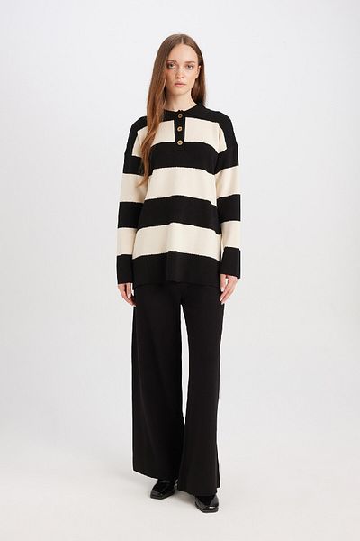 DeFacto Regular Fit Polo Neck Buttoned Striped Sweater Tunic D2442Ax24Wn
