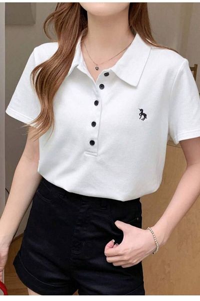 SEFUR Trend Polo Neck Buttoned Cotton Short Sleeve Unicorn Printed T-Shirt