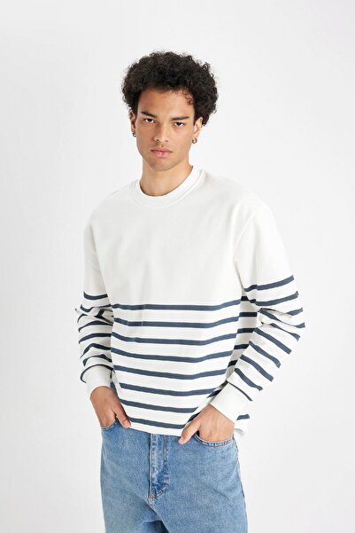 DeFacto Comfort Regular Fit Rahat Kalıp Bisiklet Yaka Çizgili Kalın Sweatshirt D2397ax24au
