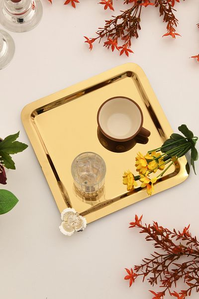 AKSESUAR EVRENİ Anther Stainless Stone Square Model Coffee Presentation Tray Gold 1 Piece