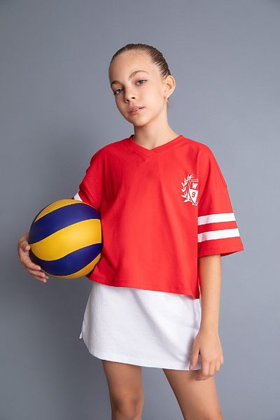 DeFacto Girls Oversize Wide Fit V Neck Back Printed Short Sleeve T-Shirt D1625A824Hs