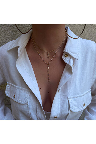 pop up store Zirkon Taşlı Kaplama İkili Altın Renk Kolye