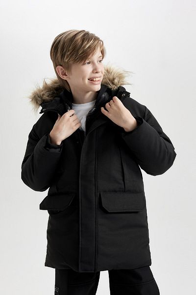 DeFacto Boys' Parka Coat - Faux Fur, Hood, Plush Lining, Detachable Collar C8783A824Wn