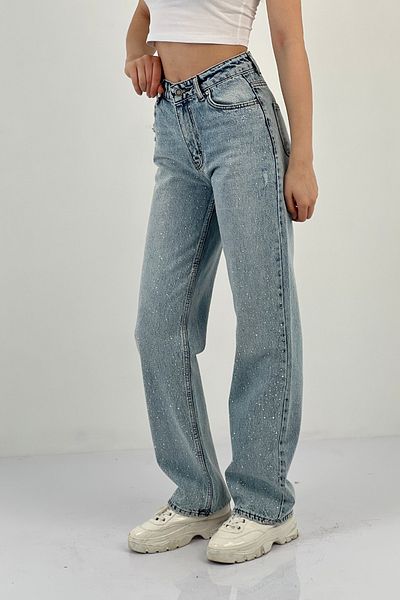 Miss Poem Blugi largi de damă cu picioare largi, pantaloni din denim albastru gheață