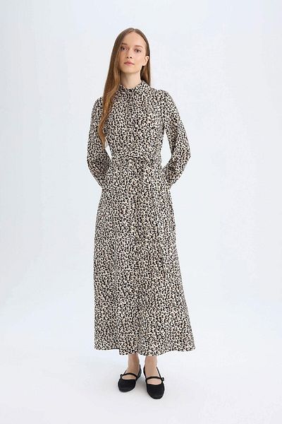 DeFacto Langärmliges Maxikleid mit Hemdkragen und Leopardenmuster und Knopfgürtel D2611ax24au