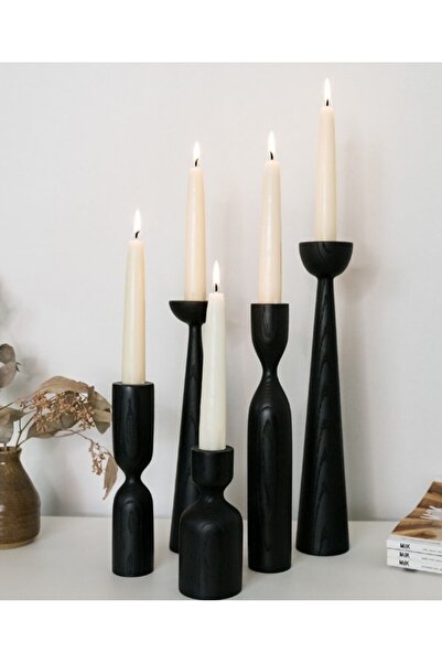 mebaconcept 5'li Siyah Ahşap Şamdan Seti - 11cm, 14cm, 18cm, 20cm, 25cm Dekor...