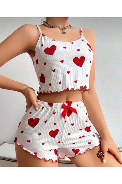 İntive Lingerie Set de pantaloni scurți bustier cu bretele subțiri din bumbac 100% cu model de inimă roșu/negru
