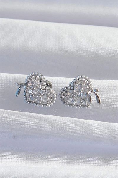 Clariss Brass Silver Color Bow Detail Pearl Zircon Stone Heart Earrings