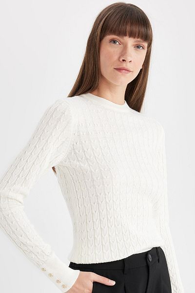 DeFacto Regular Fit Crew Neck Hair Braided Button Black Knitwear Sweater X7713Az24Wn