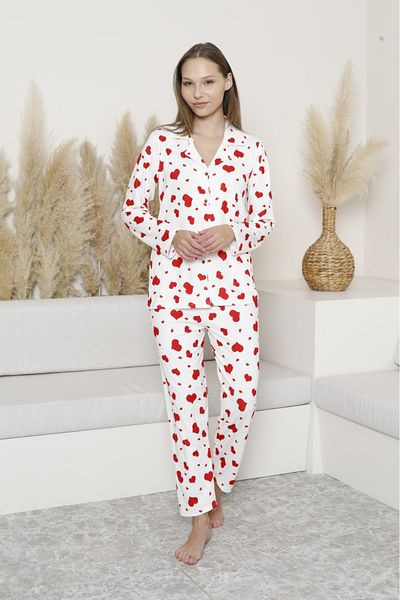 ETHEM TEKSTİL Long Sleeve Milan Pajama Set White Heart Mother-Daughter Combin