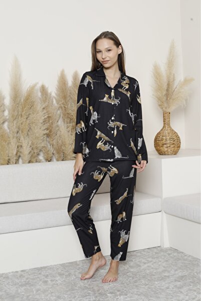 ETHEM TEKSTİL Long Sleeve Milan Pajama Set Leopard Patterned Mother-Daughter Combination