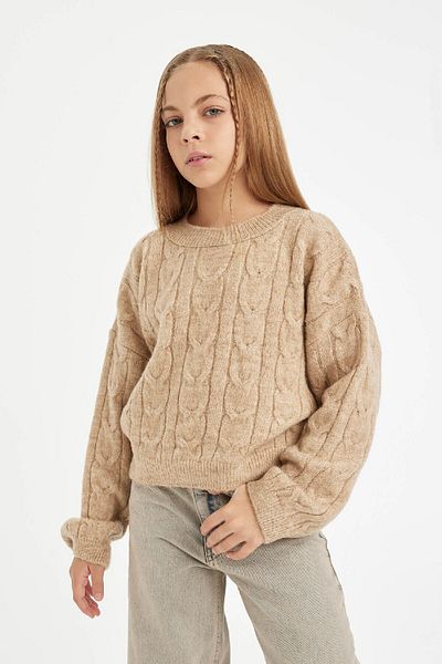 DeFacto Girl's Crop Crew Neck Hair Braided Knitwear Sweater C9731A824Au