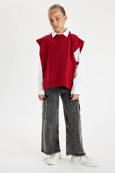 DeFacto Girl's Red Crew Neck Basic Plain Knitwear Sweater C9660A824Wn